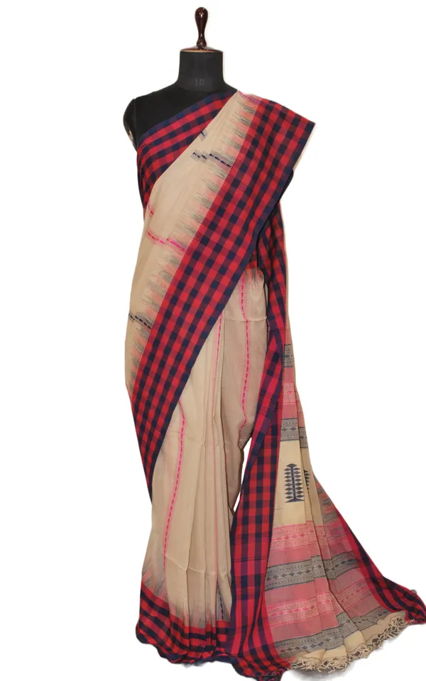 Hand_Woven_Checks_Border_Soft_Cotton_Kalakshetra_Saree_In_Parchment_Magenta_And_Dark_Blue
