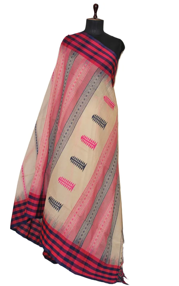 Hand_Woven_Checks_Border_Soft_Cotton_Kalakshetra_Saree_In_Parchment_Magenta_And_Dark_Blue