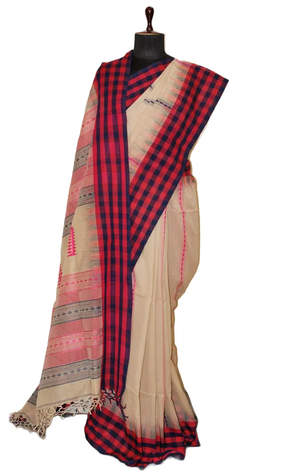 Hand_Woven_Checks_Border_Soft_Cotton_Kalakshetra_Saree_In_Parchment_Magenta_And_Dark_Blue