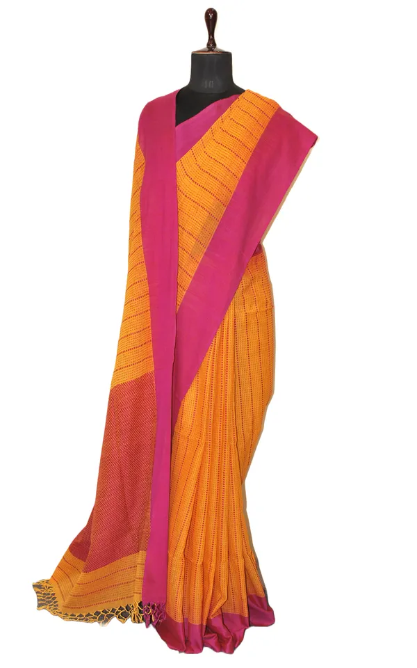Woven_Kantha_Work_Soft_Cotton_Saree_In_Golden_Yellow_And_Purple