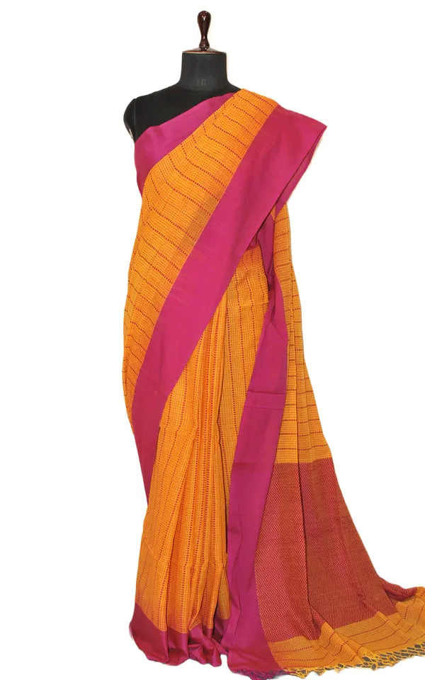 Woven_Kantha_Work_Soft_Cotton_Saree_In_Golden_Yellow_And_Purple
