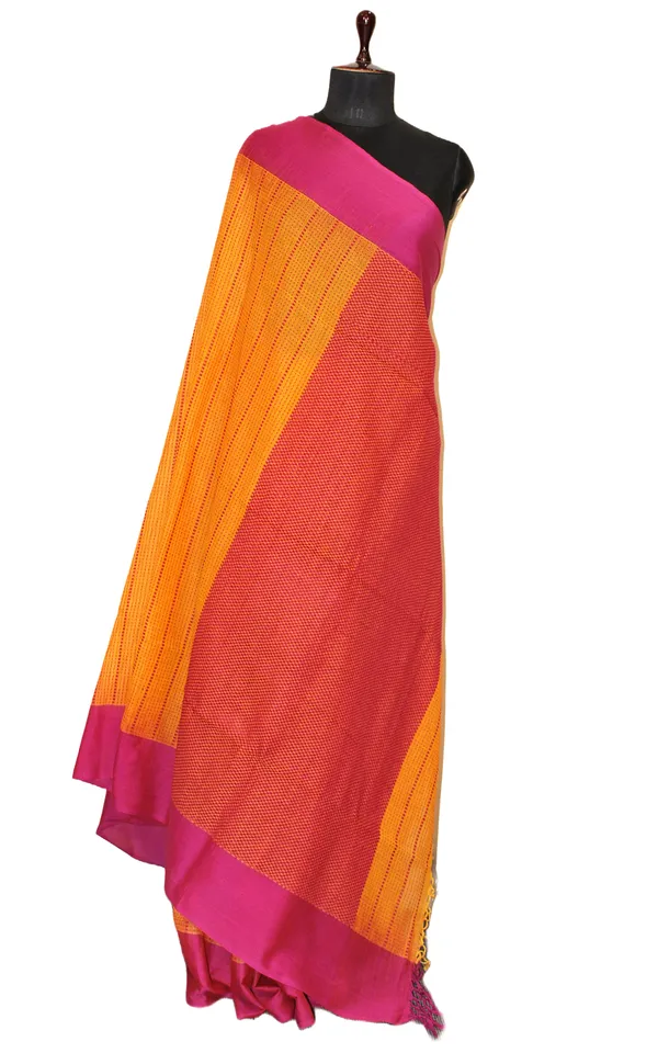 Woven_Kantha_Work_Soft_Cotton_Saree_In_Golden_Yellow_And_Purple
