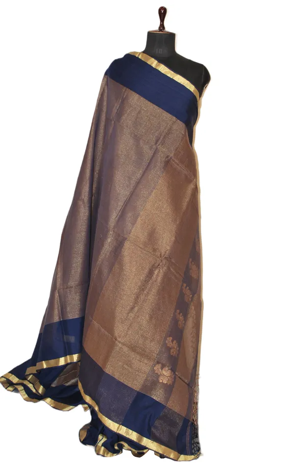 Soft_Authentic_Pure_Cotton_Woven_Tan_Chui_Work_Saree_In_Midnight_Blue_And_Gold