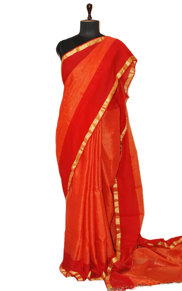 Soft_Authentic_Pure_Cotton_Woven_Tan_Chui_Work_Saree_In_Fire_Orange_Red_And_Gold