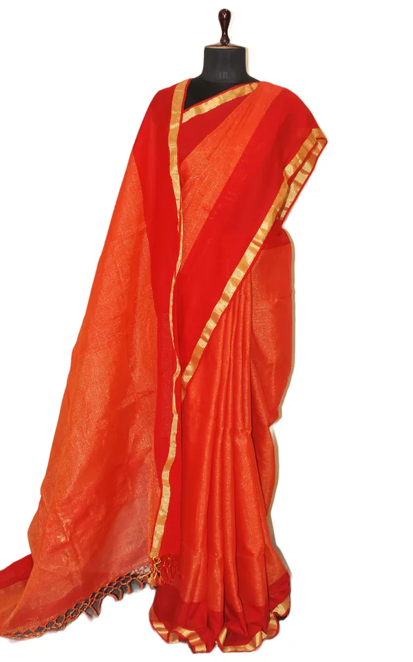 Soft_Authentic_Pure_Cotton_Woven_Tan_Chui_Work_Saree_In_Fire_Orange_Red_And_Gold