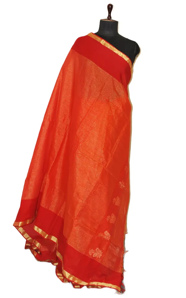 Soft_Authentic_Pure_Cotton_Woven_Tan_Chui_Work_Saree_In_Fire_Orange_Red_And_Gold