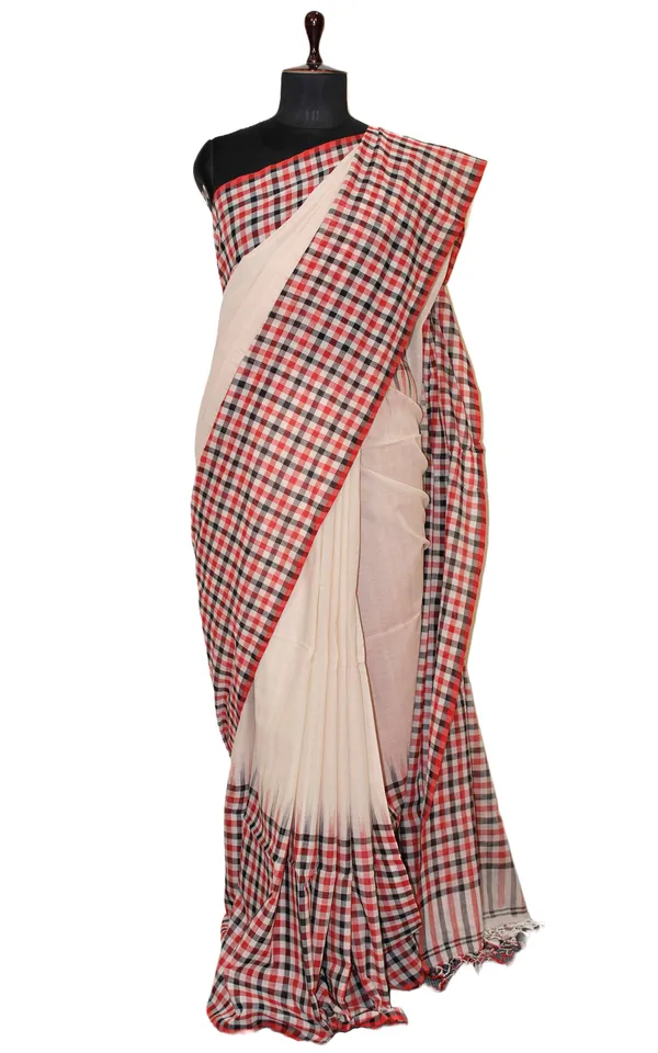 Skirt_Border_Micro_Checks_Soft_Cotton_Saree_In_Parchment_White_Red_And_Black