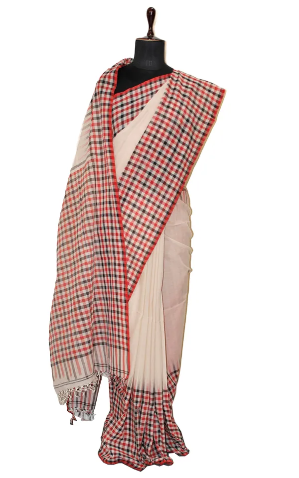 Skirt_Border_Micro_Checks_Soft_Cotton_Saree_In_Parchment_White_Red_And_Black