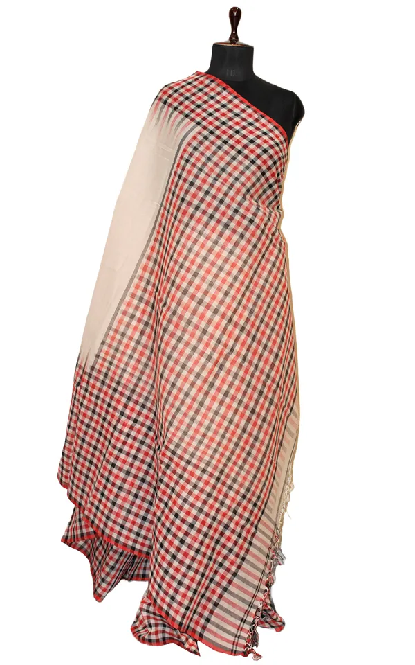 Skirt_Border_Micro_Checks_Soft_Cotton_Saree_In_Parchment_White_Red_And_Black