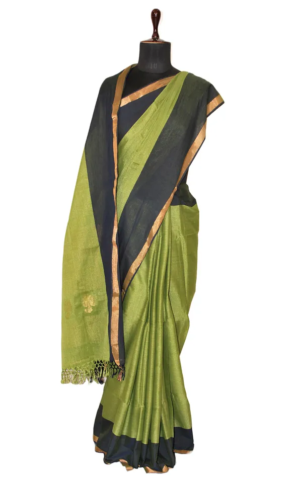 Soft_Authentic_Pure_Cotton_Woven_Tan_Chui_Saree_In_Pear_Green_Denim_Blue_And_Gold