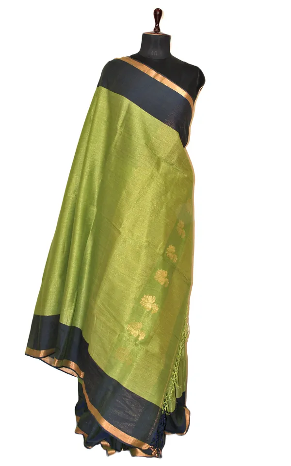 Soft_Authentic_Pure_Cotton_Woven_Tan_Chui_Saree_In_Pear_Green_Denim_Blue_And_Gold