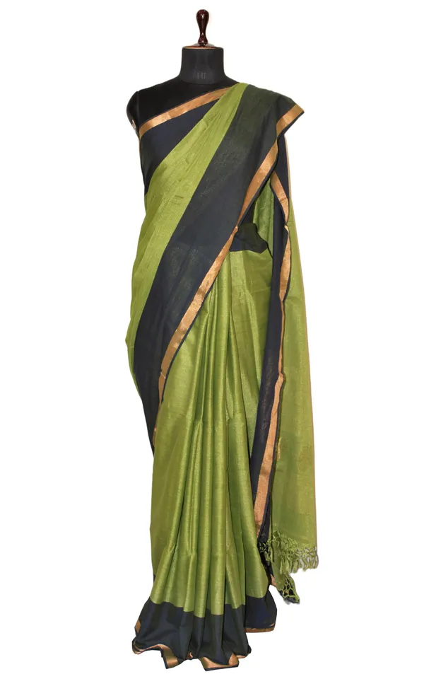 Soft_Authentic_Pure_Cotton_Woven_Tan_Chui_Saree_In_Pear_Green_Denim_Blue_And_Gold