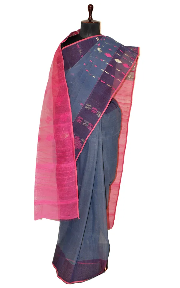 Hand_Karat_Work_Muslin_Jamdani_Saree_In_Anchor_Grey_Hot_Pink_And_Muted_Gold
