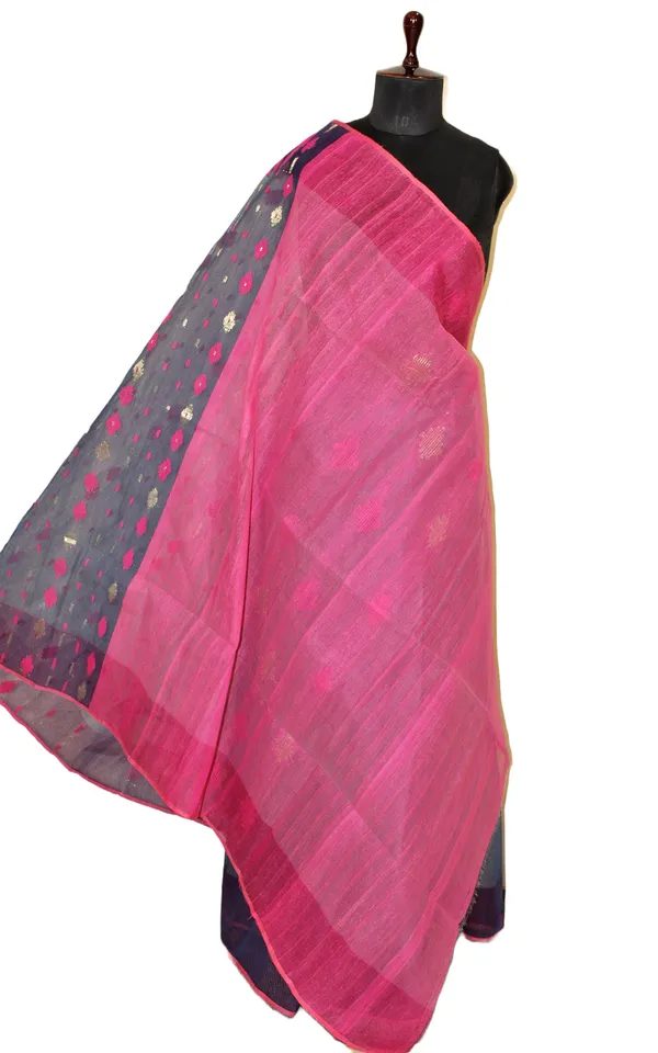 Hand_Karat_Work_Muslin_Jamdani_Saree_In_Anchor_Grey_Hot_Pink_And_Muted_Gold