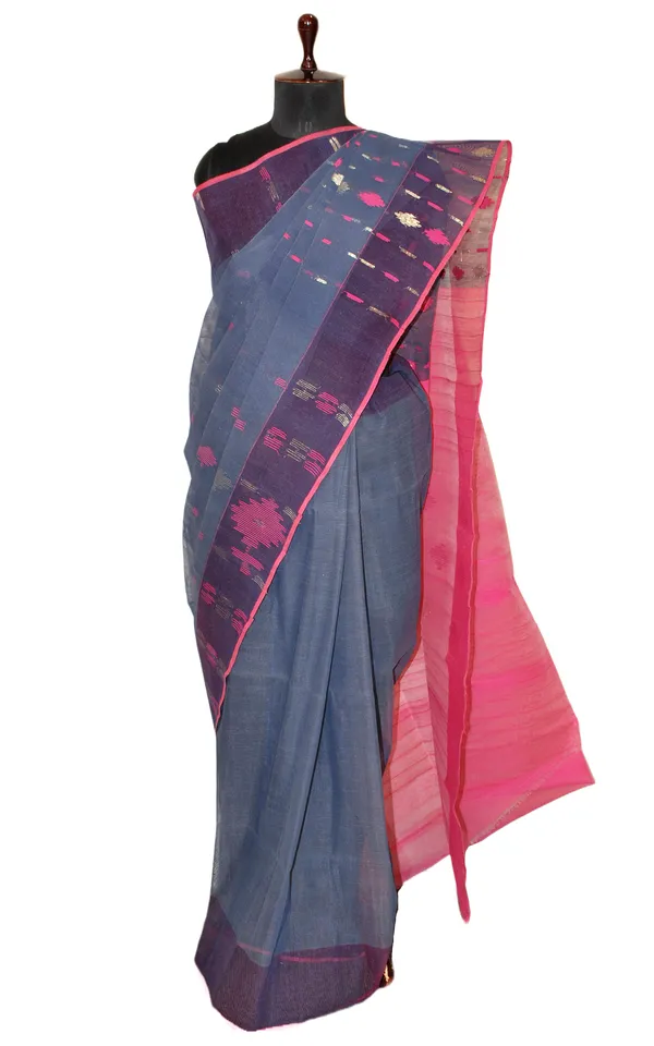 Hand_Karat_Work_Muslin_Jamdani_Saree_In_Anchor_Grey_Hot_Pink_And_Muted_Gold