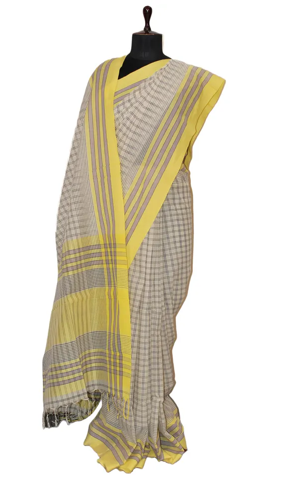 Soft_Cotton_Premium_Checks_Saree_In_Off_White_Pastel_Yellow_Smoke_Grey_And_Black