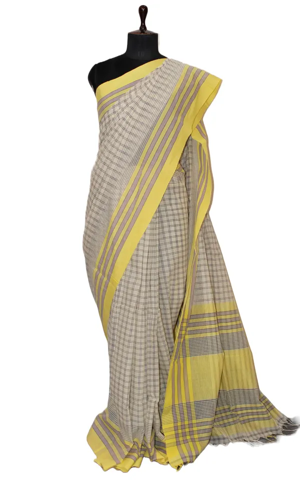 Soft_Cotton_Premium_Checks_Saree_In_Off_White_Pastel_Yellow_Smoke_Grey_And_Black
