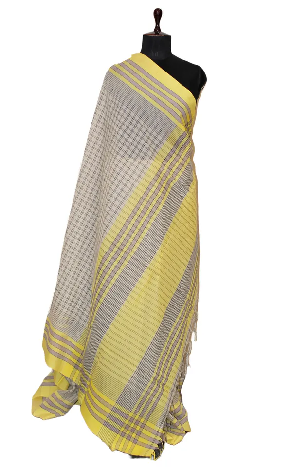 Soft_Cotton_Premium_Checks_Saree_In_Off_White_Pastel_Yellow_Smoke_Grey_And_Black