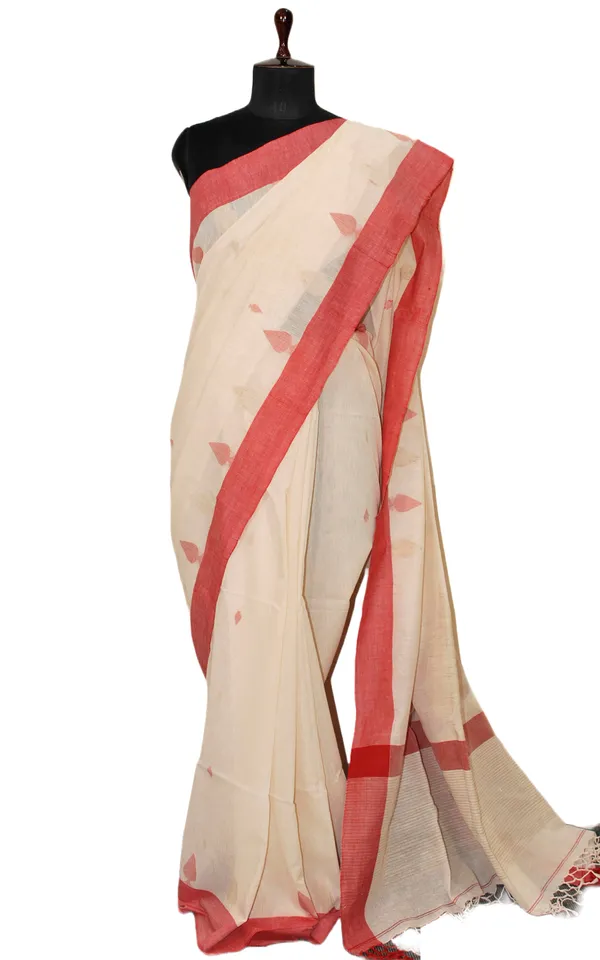 Soft_Cotton_Woven_Jute_Work_Khaddar_Jamdani_Saree_In_Linen_White_Beige_And_Red