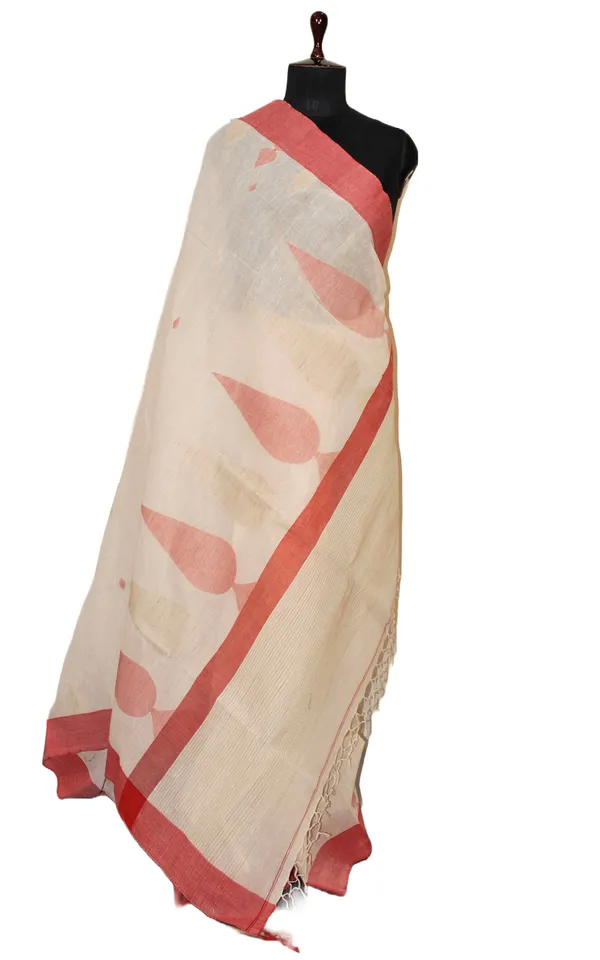 Soft_Cotton_Woven_Jute_Work_Khaddar_Jamdani_Saree_In_Linen_White_Beige_And_Red