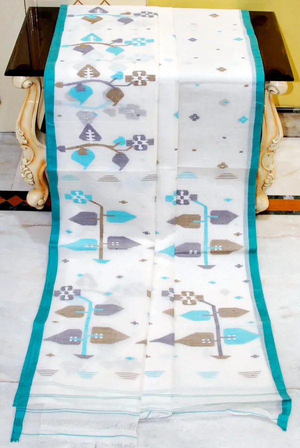 Hand_Woven_Skirt_Nakshi_Work_Cotton_Dhakai_Jamdani_Saree_In_White_Teal_Green_And_Multicolor