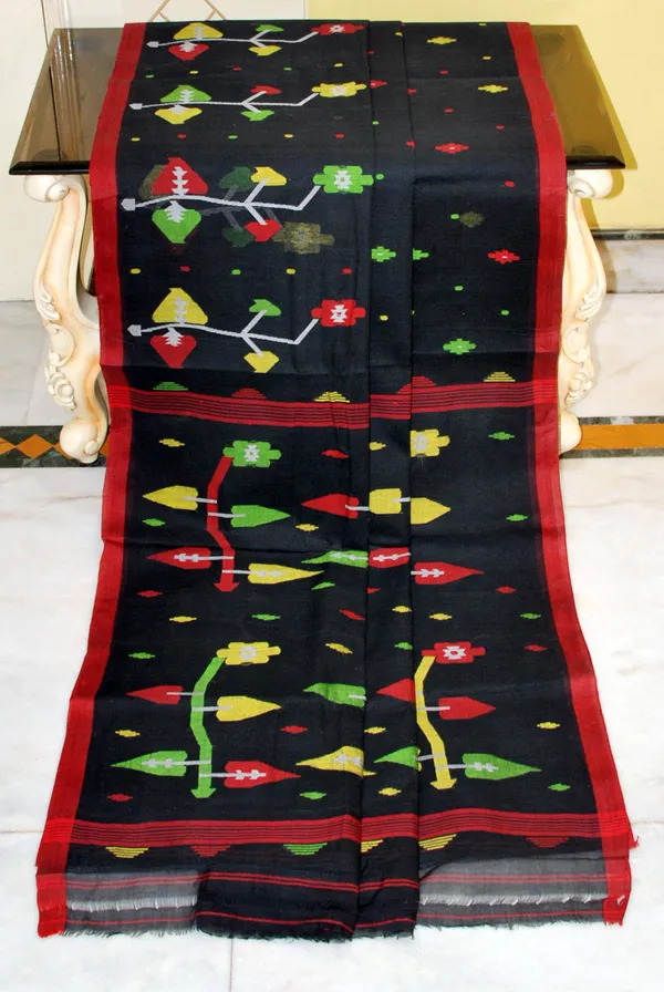 Hand_Woven_Skirt_Nakshi_Work_Cotton_Dhakai_Jamdani_Saree_In_Black_Red_And_Multicolor