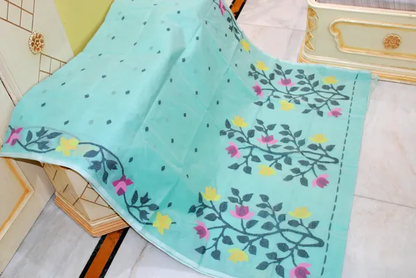 Tilfi_Hand_Woven_Work_Cotton_Dhakai_Jamdani_Saree_In_Light_Turquoise_Black_And_Multicolor_Thread_Work