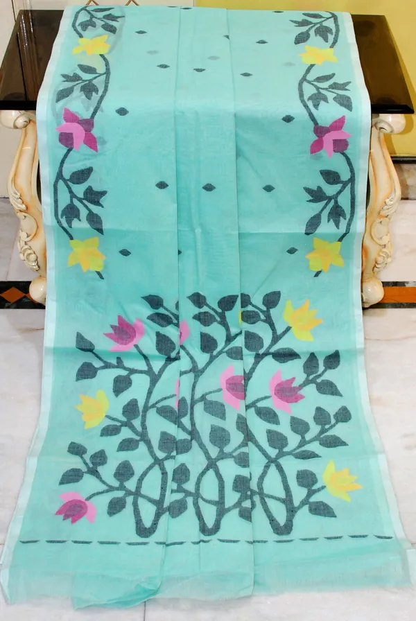 Tilfi_Hand_Woven_Work_Cotton_Dhakai_Jamdani_Saree_In_Light_Turquoise_Black_And_Multicolor_Thread_Work