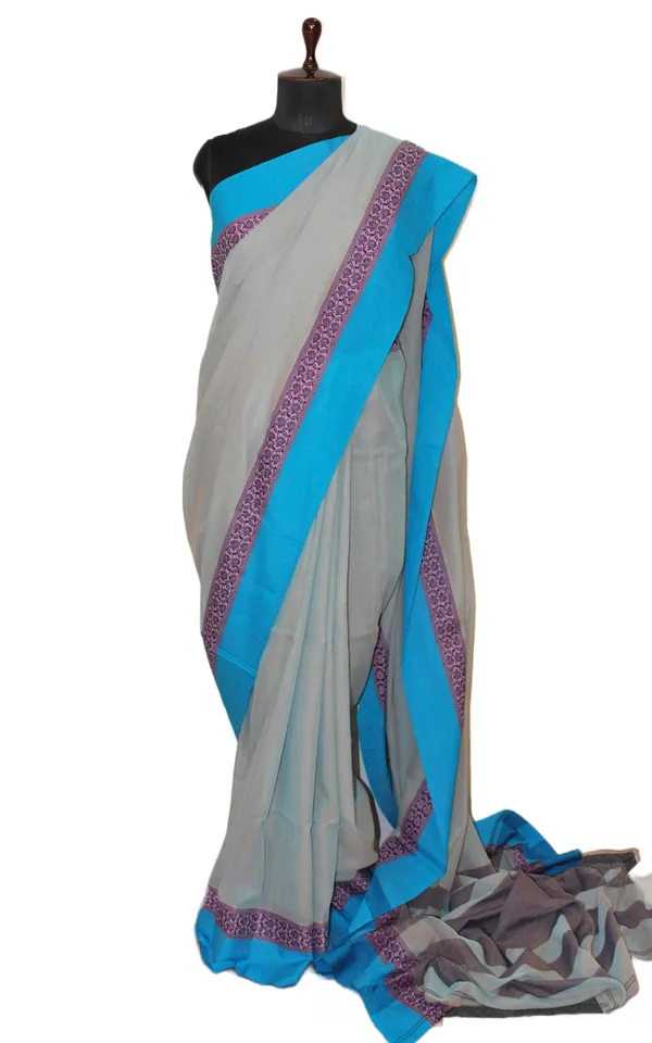 Hand_Woven_Soft_Cotton_Khaddar_Saree_In_Livid_Grey_Lavender_And_Azure_Blue