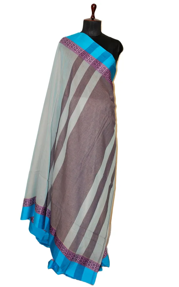 Hand_Woven_Soft_Cotton_Khaddar_Saree_In_Livid_Grey_Lavender_And_Azure_Blue