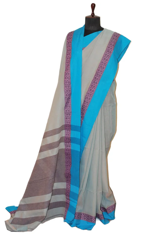 Hand_Woven_Soft_Cotton_Khaddar_Saree_In_Livid_Grey_Lavender_And_Azure_Blue