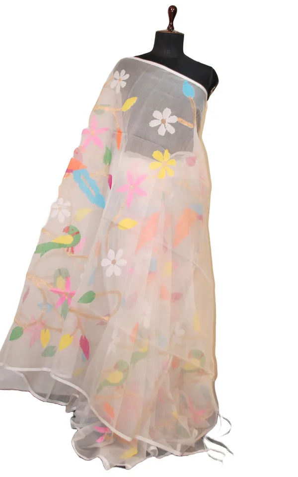 Peacock_And_Floral_Motif_Work_Muslin_Silk_Jamdani_Saree_In_Pearl_White_Golden_And_Multicolor_Thread_Work