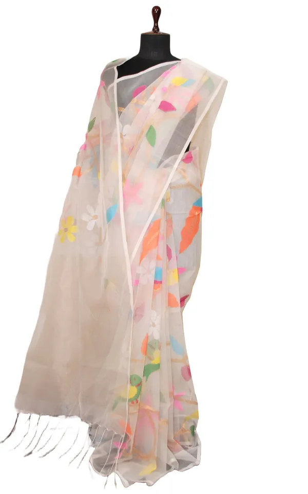 Peacock_And_Floral_Motif_Work_Muslin_Silk_Jamdani_Saree_In_Pearl_White_Golden_And_Multicolor_Thread_Work