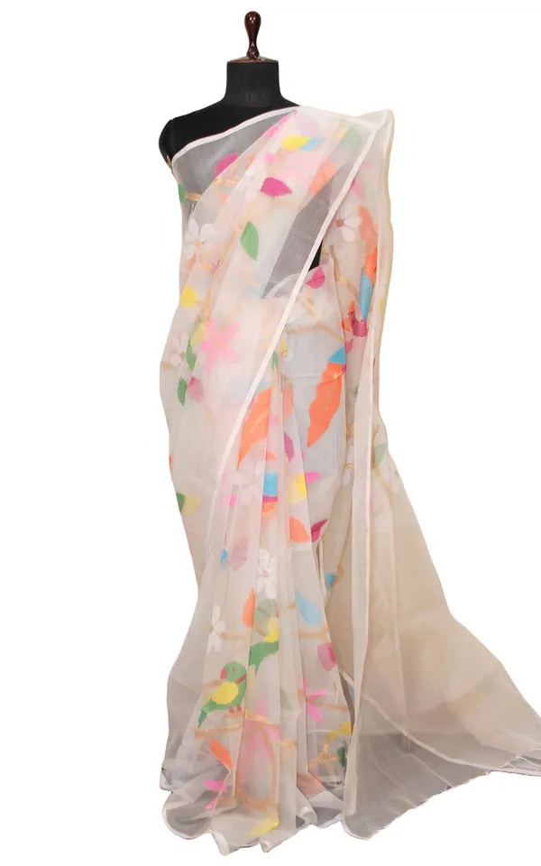 Peacock_And_Floral_Motif_Work_Muslin_Silk_Jamdani_Saree_In_Pearl_White_Golden_And_Multicolor_Thread_Work