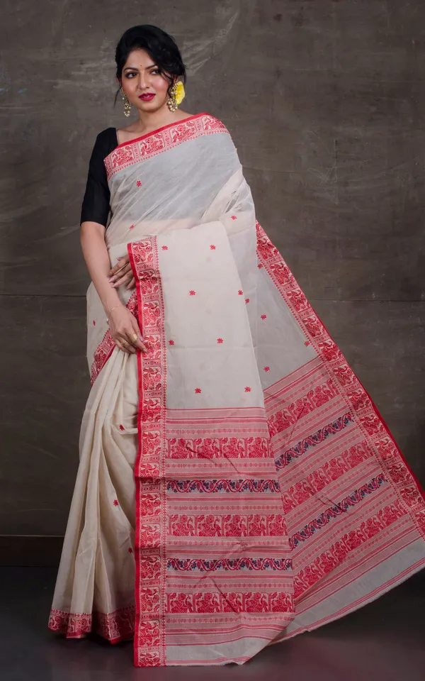 Bengal_Handloom_Cotton_Baluchari_Saree_In_Off_White_And_Red
