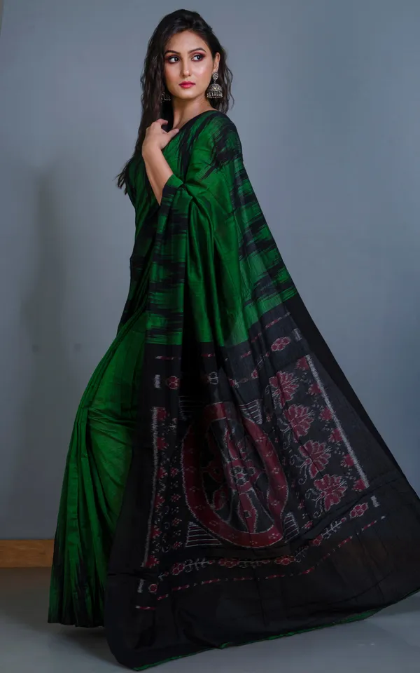 Soft_Mercerized_Cotton_Ikkat_Pochampally_Emerald_Green_Black_Dark_Red_And_Off_White