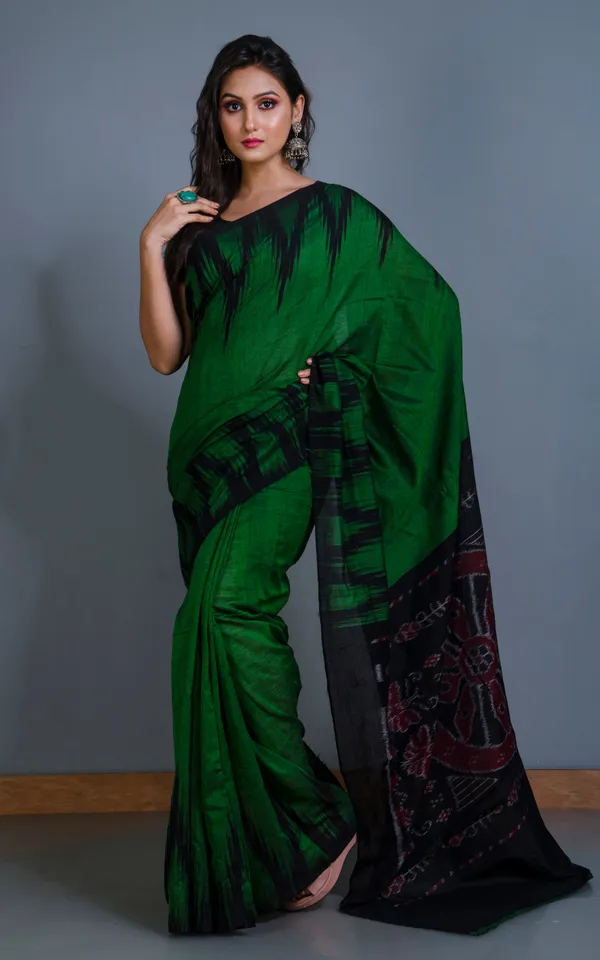 Soft_Mercerized_Cotton_Ikkat_Pochampally_Emerald_Green_Black_Dark_Red_And_Off_White