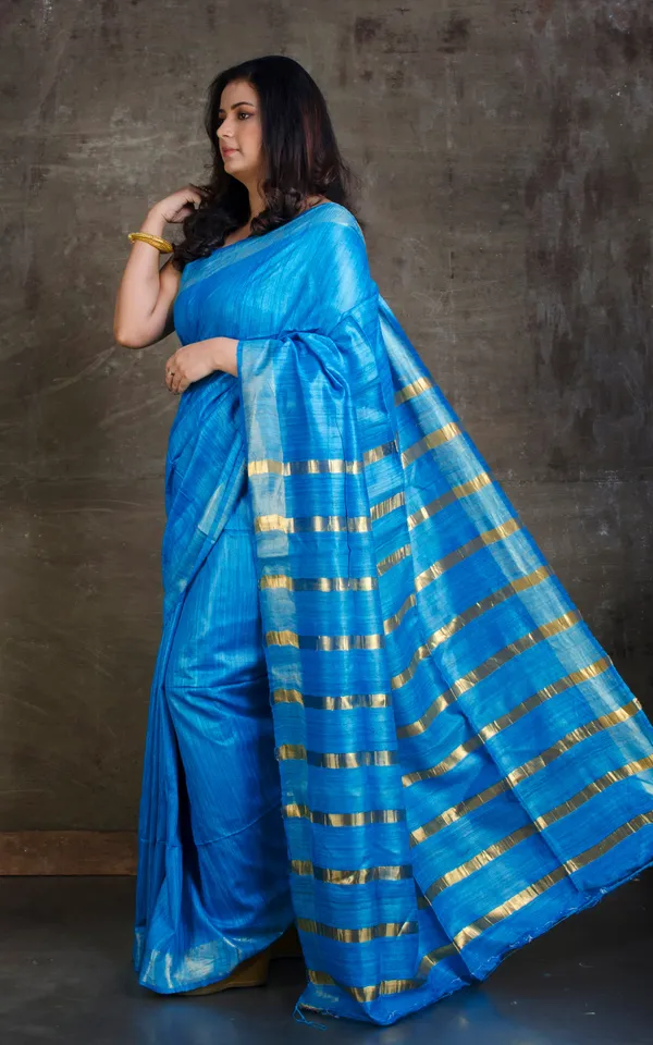 Ghicha_Tussar_Silk_Saree_With_Woven_Gold_Bands_Pallu_In_Mariner_Blue_And_Golden
