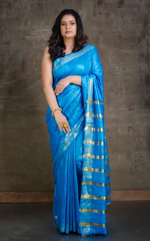 Ghicha_Tussar_Silk_Saree_With_Woven_Gold_Bands_Pallu_In_Mariner_Blue_And_Golden