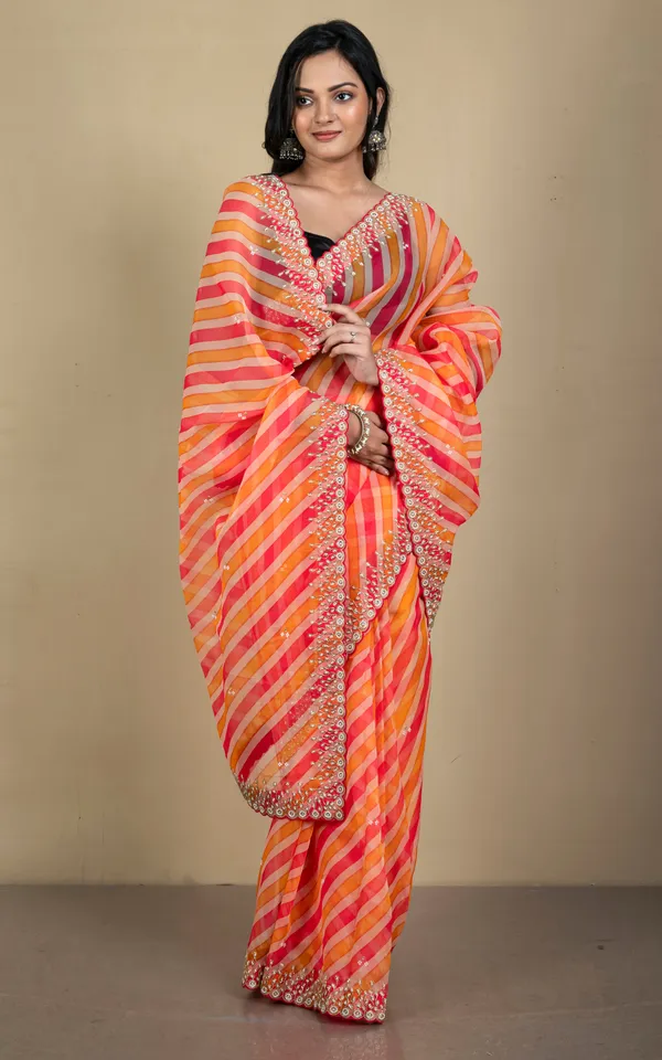 Bold_And_Fashionable_Soft_Organza_Zardozi_Silk_Saree_In_Dual_Tone_Orange_Peach_And_Beige