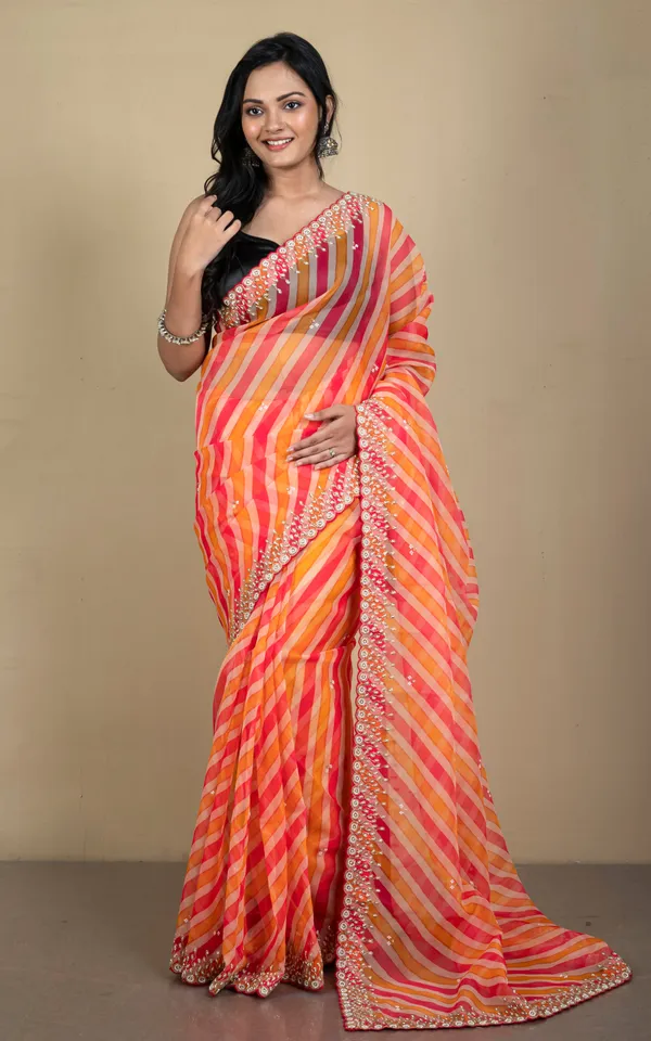 Bold_And_Fashionable_Soft_Organza_Zardozi_Silk_Saree_In_Dual_Tone_Orange_Peach_And_Beige