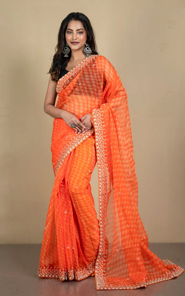 Bold_And_Fashionable_Soft_Organza_Zardozi_Silk_Saree_In_Orange_And_Beige