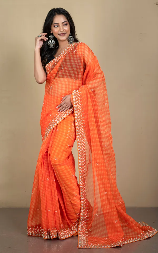 Bold_And_Fashionable_Soft_Organza_Zardozi_Silk_Saree_In_Orange_And_Beige