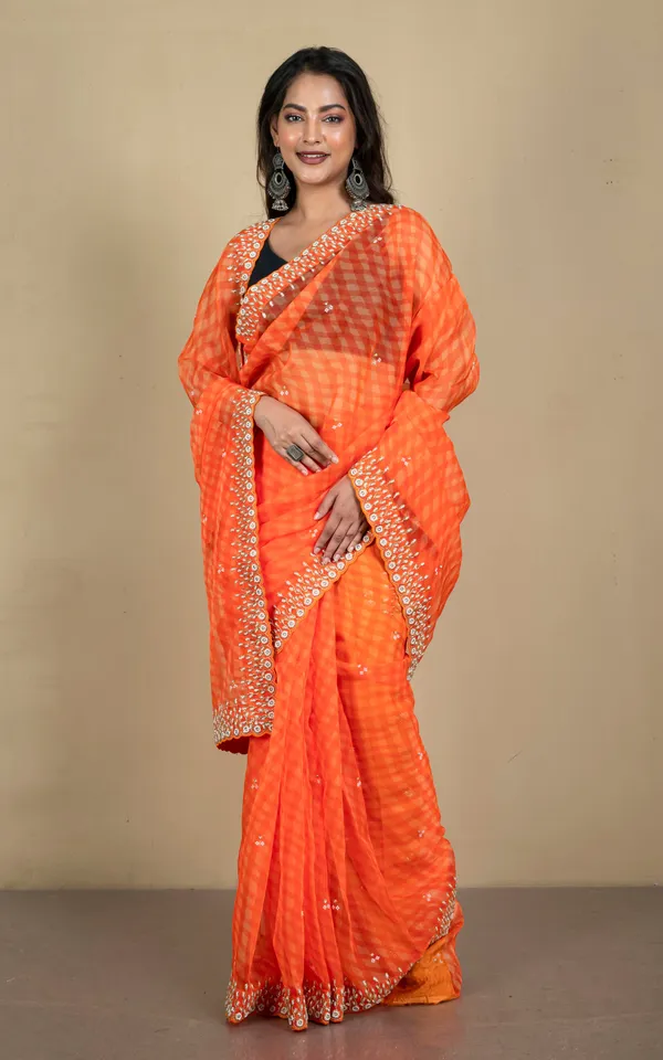 Bold_And_Fashionable_Soft_Organza_Zardozi_Silk_Saree_In_Orange_And_Beige