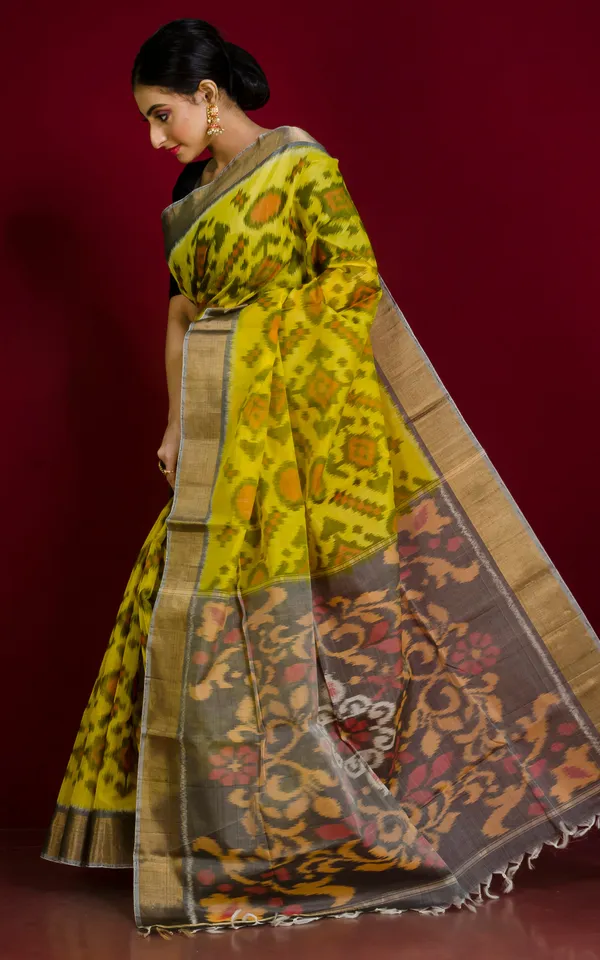 Soft_Seiko_Ikkat_Pochampally_Silk_Saree_In_Pineapple_Yellow_Charcoal_Grey_Beige_Off_White_And_Red
