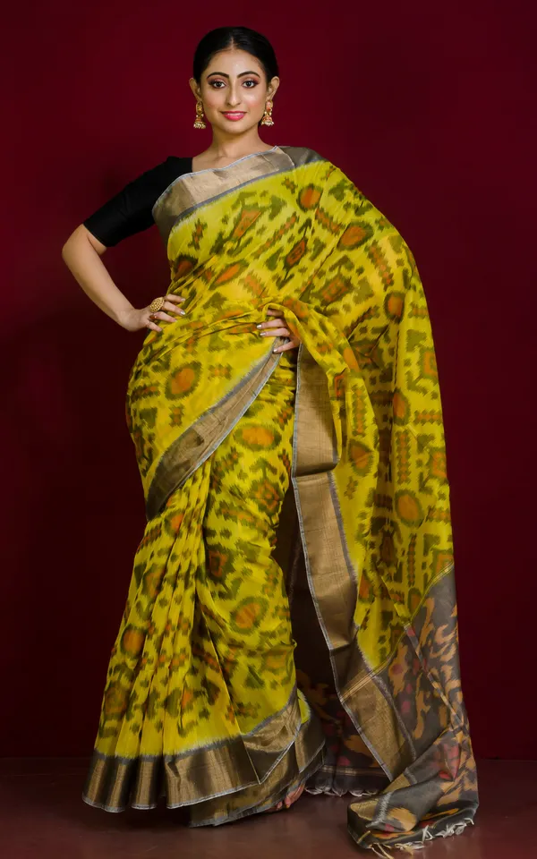 Soft_Seiko_Ikkat_Pochampally_Silk_Saree_In_Pineapple_Yellow_Charcoal_Grey_Beige_Off_White_And_Red