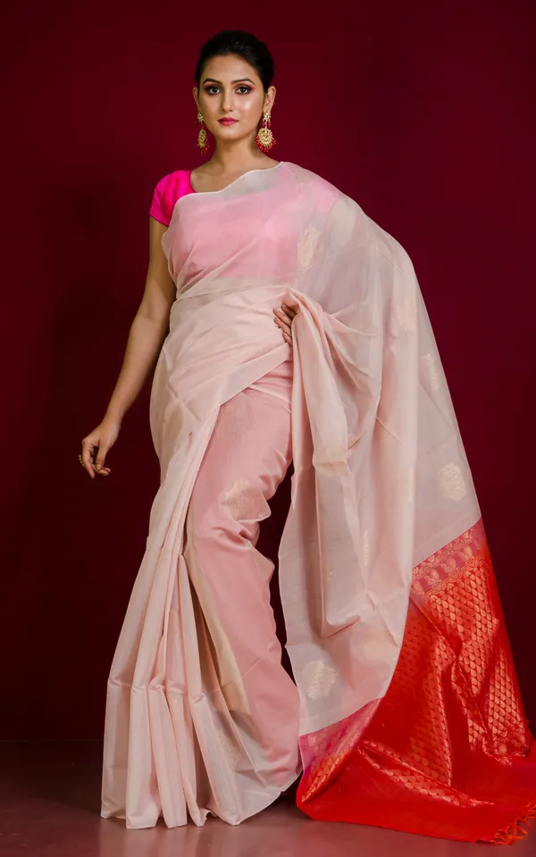 Premium_Quality_Poth_Cotton_Silk_Kanjivaram_Saree_In_Frosted_Pink_Red_And_Muted_Gold_Zari_Weave