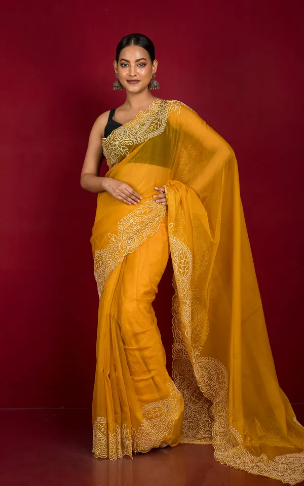 Designer_Organza_Silk_With_Embroidery_Work_In_Bright_Yellow_And_Powder_White