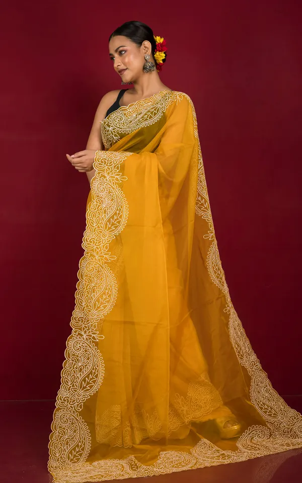Designer_Organza_Silk_With_Embroidery_Work_In_Bright_Yellow_And_Powder_White