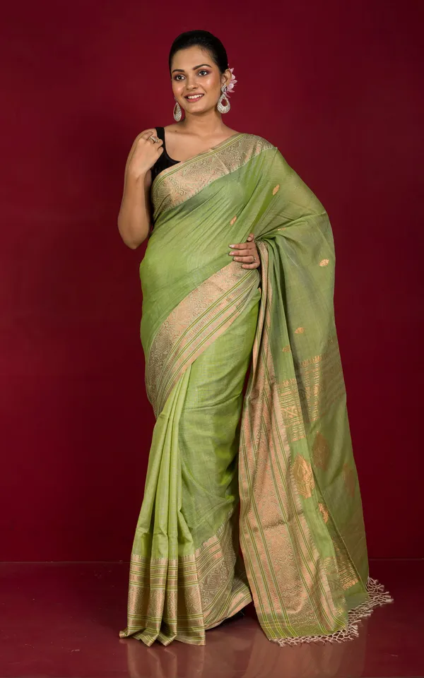 Hand_Woven_Tussar_Cotton_Silk_Banarasi_Katan_Saree_In_Paste_Green_And_Copper